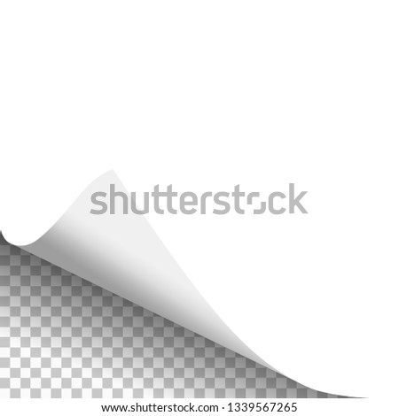 White paper sheet with curled corner in lower left corner and transparent background under it. Template paper design. Vector illustration.