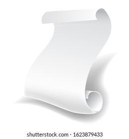 White paper sheet with curled edge, scroll vector. Blank and empty space, story writing, manuscript or typing printing, 3D shadow realistic template. Printer material and equipment, isolated object