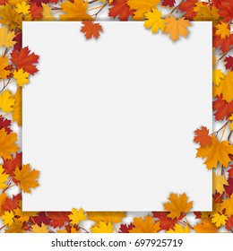 White paper sheet and fallen colorful maple leaves. Vector autumn background. Empty blank for card of autumn event.