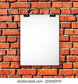 White paper sheet hanging on a clothesline over red brick wall. Vector background with blank poster for advertisement or decoration banner design