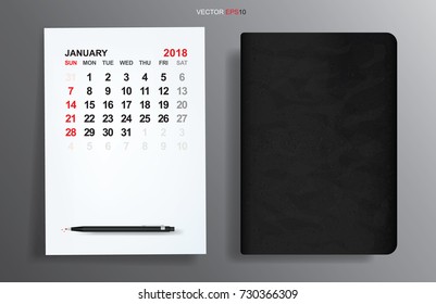 White paper sheet with January 2018 calendar and black notebook on gray gradient background. Vector illustration.