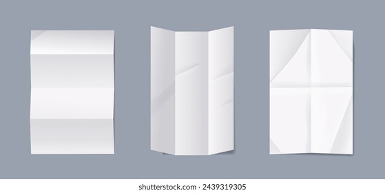 Mockups de hojas de papel blanco con marcas de doblez realistas, páginas verticales de vectores 3d con aspecto texturizado, auténtico