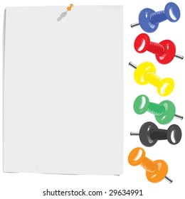 White paper sheet and motley pins set (vector, CMYK)