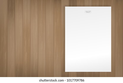 White paper sheet on wood pattern and texture for background. Abstract background for template design. Vector illustration.