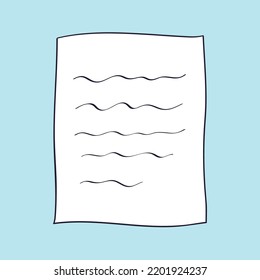 Hoja de papel blanco, página de diario, papel de nota con mensaje, carta, documento o caricatura de cuaderno ilustrativo del doodle vectorial.
