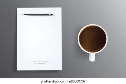 White paper sheet and pencil with coffee cup on gray gradient background. Vector illustration.