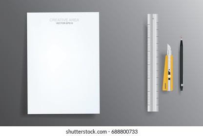 White paper sheet and stationary set on gray gradient background. Vector illustration.