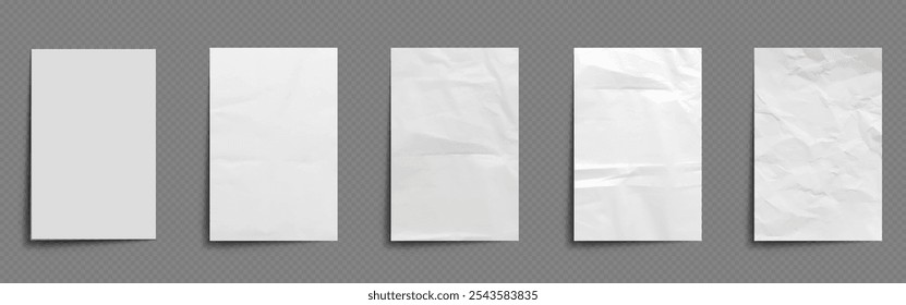 White paper sheet with wrinkle effect vector. Rough old note page with crease poster mockup design. Realistic blank png document with crumble texture. Simple notepaper piece for office illustration