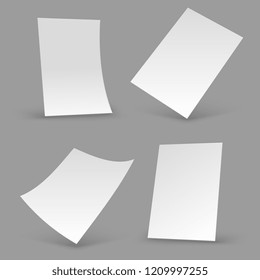 White paper sheets. A4 blank brochure, realistic poster mockups. 3d flyer vector templates