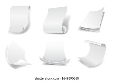 White paper sheets with curled edges, scroll isolated icons vector. Blank and empty space, story writing, manuscript or typing, printing. 3D shadow realistic template, printer material and equipment