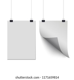 White paper sheets hanging on paper clips isolated on transparent background. Vector design elements
