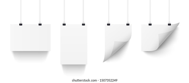 White paper sheets hanging on paper clips isolated on transparent background. Vector A4 vertical and horizontal design elements