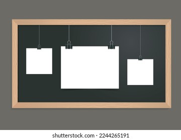 White paper sheets hanging on binder clips on black school chalkboard. Set of Blank notes on blackboard. Vector realistic Mockup. Posters template for presentations or design. 
