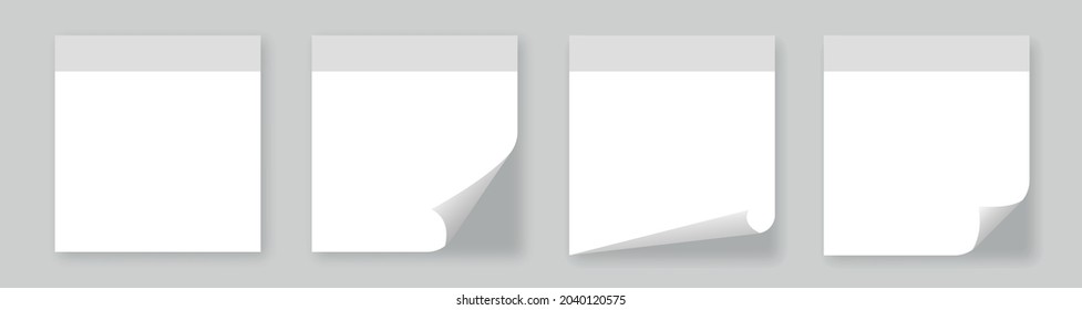 White paper sheets sticky notes template on transparent background. Blank post note isolated. Realistic paper reminder with shadow. Vector illustration.