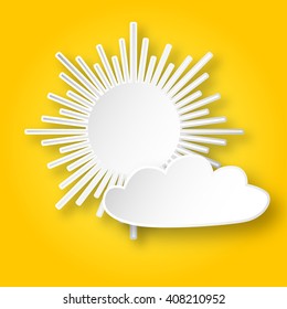 White paper shining sun and a cloud on the yellow sky. Vector sun icon.