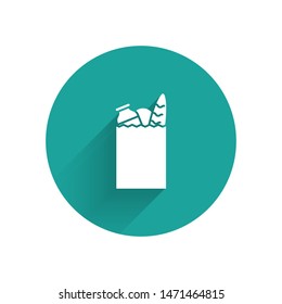 White Paper shopping bag and food icon isolated with long shadow. Food store, supermarket. Green circle button. Vector Illustration