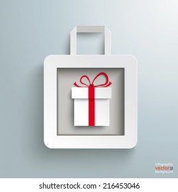 White paper shopping bag with gift on the grey background. Eps 10 vector file.