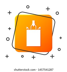 White Paper shopping bag icon isolated on white background. Package sign. Orange square button. Vector Illustration
