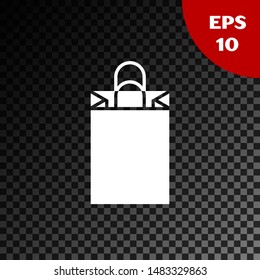 White Paper shopping bag icon isolated on transparent dark background. Package sign.  Vector Illustration