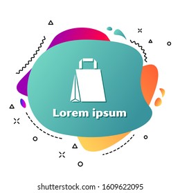 White Paper shopping bag icon isolated on white background. Package sign. Abstract banner with liquid shapes. Vector Illustration