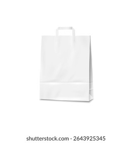 White paper shopping bag mockup, empty paper bag. Vector realistic of blank template packet with handles isolated on white background