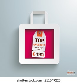 White paper shopping bag on the grey background. German text "Top Angebot" and "Nur fÃ?Â?Ã?Â¼r kurze Zeit", translate "Best Offer" and "limited time only". Eps 10 vector file.