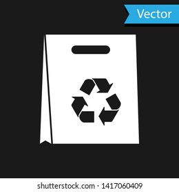 White Paper shopping bag with recycle icon isolated on black background. Bag with recycling symbol. Vector Illustration