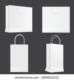 White paper shopping bag set with different angles. Front and side view of retail purchase packaging - blank mockup with empty space and rope handle, isolated realistic vector illustration