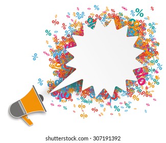 White paper shout speech bubble, megaphone and with colored percents on the white. Eps 10 vector file.