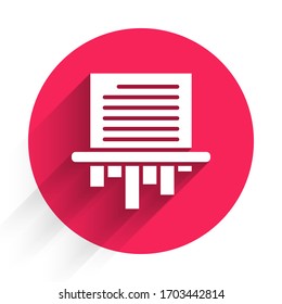 White Paper shredder confidential and private document office information protection icon isolated with long shadow. Red circle button. Vector Illustration