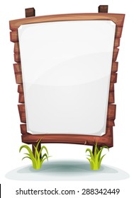 White Paper Sign On Wood Panel/ Illustration Of A Cartoon Blank White Paper Sign On Wood Panel, With Blades Of Grass, For Rural, Environment Or Agriculture Advertisement