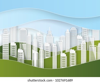 White paper skyscrapers. Achitectural building in panoramic view. Modern city skyline building industrial paper art landscape skyscraper offices, wavy hills. Vector Illustration