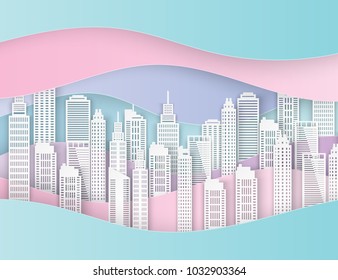 White paper skyscrapers. Achitectural building in panoramic view. Modern city skyline building industrial paper art landscape skyscraper. Paper wave. Ecology idea. Vector Illustration