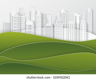 White paper skyscrapers. Achitectural building in panoramic view. Modern city skyline building industrial paper art landscape skyscraper offices, wavy hills. Vector Illustration