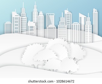 White paper skyscrapers and trees. Achitectural building in panoramic view. Modern city skyline building industrial paper art landscape skyscraper offices, city park. Ecology idea. Vector Illustration