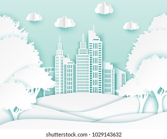 White paper skyscrapers and trees. Achitectural building in panoramic view. Modern city skyline building industrial paper art landscape skyscraper offices, park. Ecology idea. Vector Illustration
