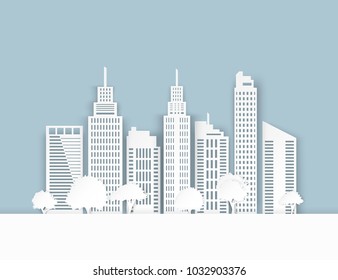 White paper skyscrapers and trees. Achitectural building in panoramic view. Modern city skyline building industrial paper art landscape skyscraper offices. Vector Illustration