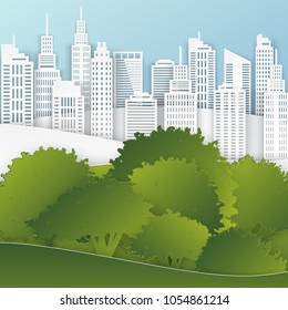 White paper skyscrapers and trees. Achitectural building in panoramic view. Modern city skyline building industrial paper art landscape skyscraper offices, city park. Ecology idea. Vector Illustration