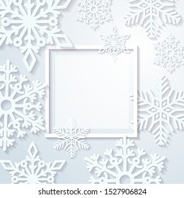 White Paper snowflake white background with frame. Merry christmas and Happy New Year Decoration. Vector illustration