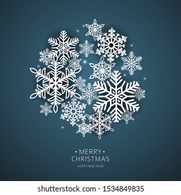 White Paper snowflake dark blue background. Merry christmas and Happy New Year Decoration. Vector illustration