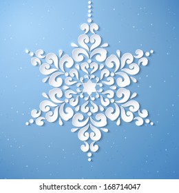 White paper snowflake on a blue background. Happy New Year. Abstract design. Vector illustration.