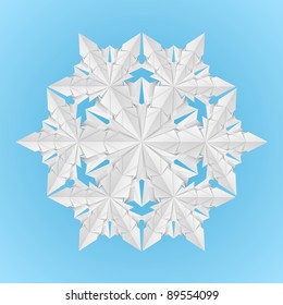 White paper snowflake on a blue background illustration designer