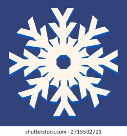 White paper snowflake with simple geometric branches on deep blue background. Winter and Christmas motif ideal for greeting cards, wrapping paper, textiles and other seasonal patterns.