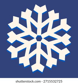 Schneeflocke aus weißem Papier mit einfachen geometrischen Zweigen und Sechseckzentrum auf tiefblauem Hintergrund. Winter- und Weihnachtsgrafik für Grußkarten, Umschlagpapier und saisonale Muster.