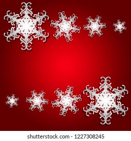 White paper snowflake symmetrically on red background with copy space for christmas or winter card. Decoration holiday to print overhead view. Vector illustration