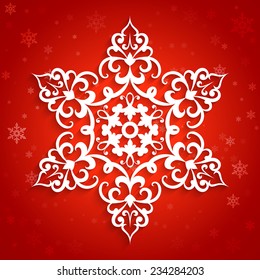 White paper snowflake, vector lace doily, winter decoration on red background, eps10
