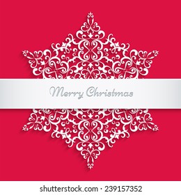White paper snowflake, vector lace doily, winter decoration on red background, eps10