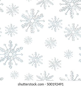 White paper snowflakes on a white background. Christmas seamless texture, vector.