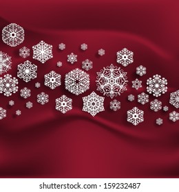 White paper snowflakes on red silk background, Christmas illustration
