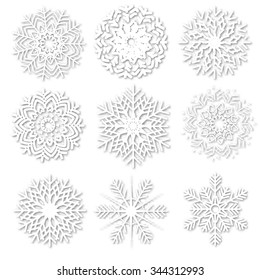 White Paper Snowflakes With Shadow. Cut Paper Snowflakes Set. Vector Template Collection For Design. 